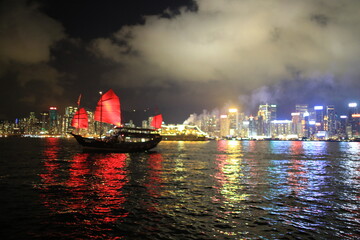 Chinese red junk with the victoria harbor night view background in hong kong