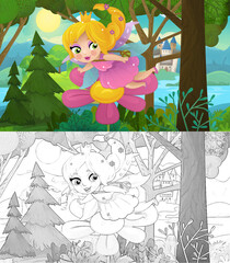 cartoon scene with nature forest princess and castle