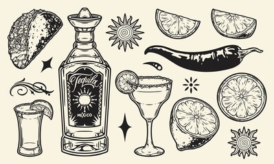 Tequila monochrome vintage icon set - obrazy, fototapety, plakaty
