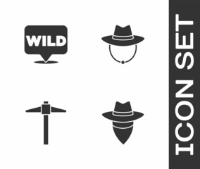 Set Cowboy, Pointer to wild west, Pickaxe and Western cowboy hat icon. Vector