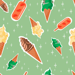 Colorful ice cream cute icons. Seamless pattern with ice creams on a stick and in a cone. Vivid colors kawaii vector illustration. Stickers, pins, patches. Excellent for menu design and fabrics