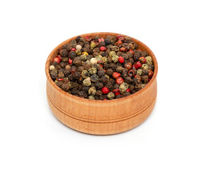 Mix aromatic of different peppercorns in a pepper shaker, isolated on a white background.