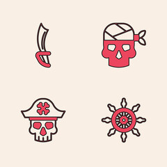 Set Ship steering wheel, Pirate sword, captain and icon. Vector