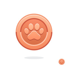 Bronze game coin. Coin icon. Bronze medal. Coin with the paw. Graphic user interface design element. Gold paw. Paw print. Imprint animal paw. Animal competition. Reward. Imprint animal. Money symbol.