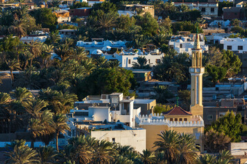 Aerial view of a mosque in Dahab town from the mountain nearby, South Sinai, Egypt