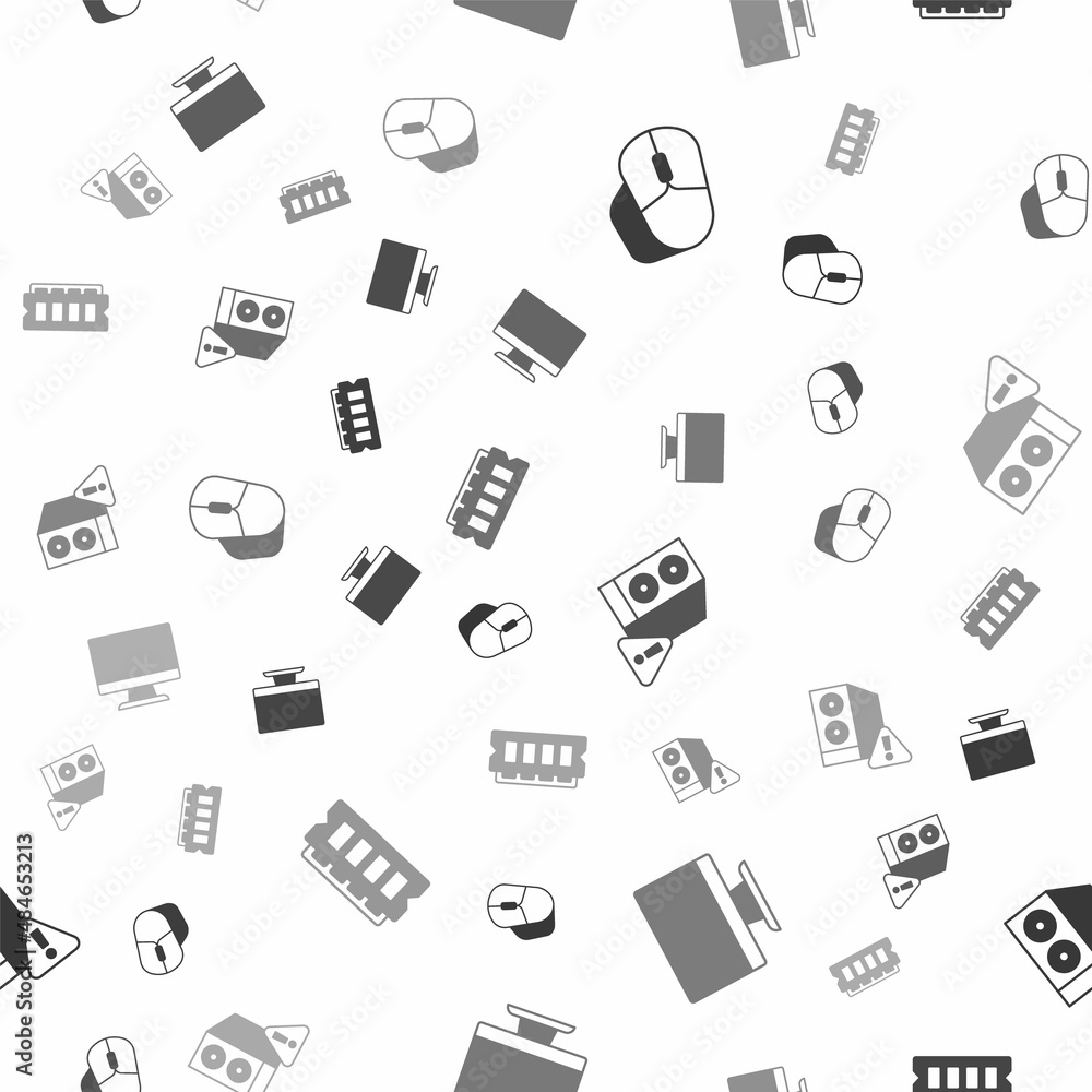 Poster set computer mouse, monitor screen, case of computer and ram, random access memory on seamless patte