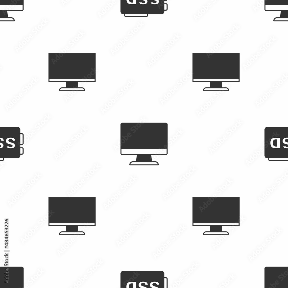 Poster set ssd card, computer monitor screen and on seamless pattern. vector