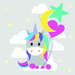 the unicorn sits on a cloud with balloons. unicorn with colorful balloons. vector illustration, eps 10.