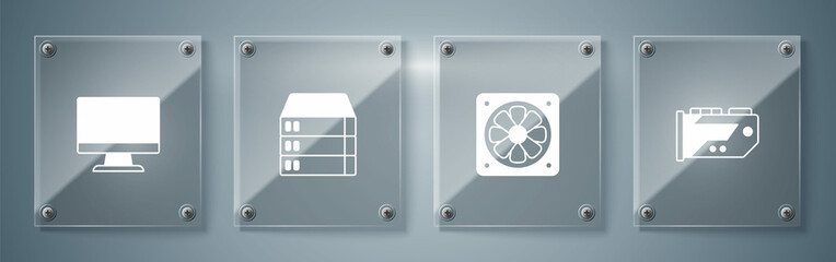 Set Video graphic card, Computer cooler, Server, Data, Web Hosting and monitor screen. Square glass panels. Vector