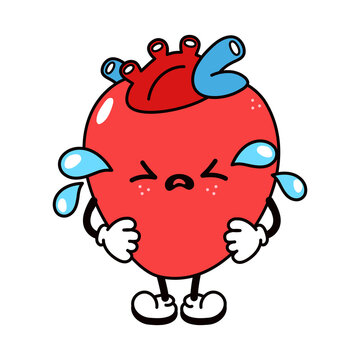 Cute funny crying sad heart character. Vector hand drawn traditional cartoon vintage, retro, kawaii character illustration icon. Isolated on white background. Cry heart character concept