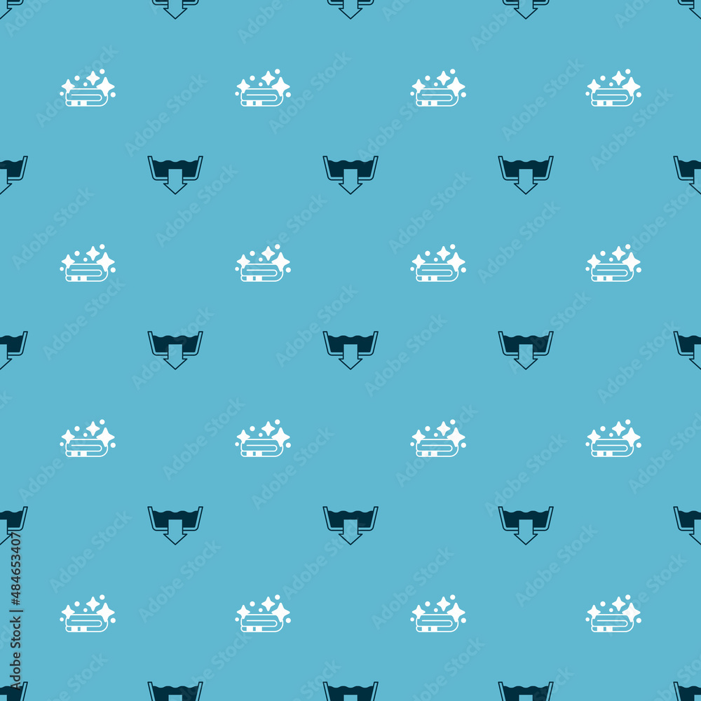 Aufkleber set washing modes and towel stack on seamless pattern. vector