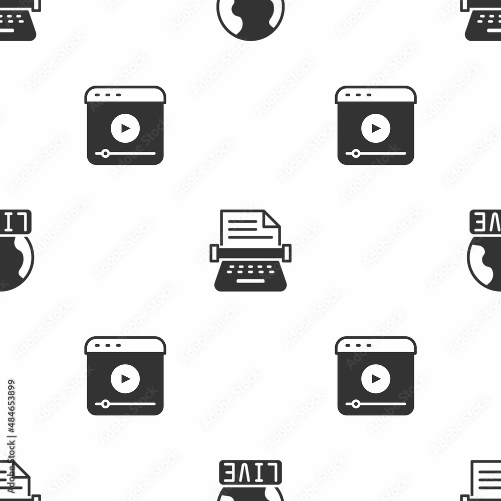 Poster set live report, retro typewriter and stream on seamless pattern. vector