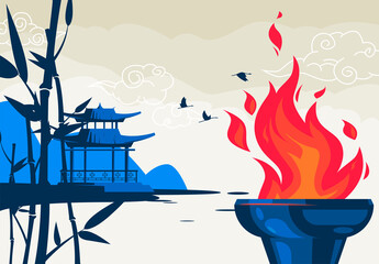 vector illustration of a torch with fire for international sports games against the background of the classical appearance of a Chinese building with national decorative elements of culture, the silho