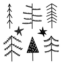 Nordic Scandinavian doodle scribble spruce forest bundle set in monochrome colors black and white.
