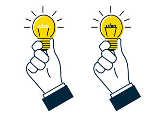 Icône ou pictogramme représentant une main tenant une ampoule qui s'allume. Symbole d'une idée ou du génie grâce à la lumière. Le mot idée est écrit avec le filament 