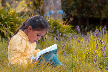 Una niña se sienta al aire libre en la naturaleza y lee un libro. Hermosa chica, sentada en el...
