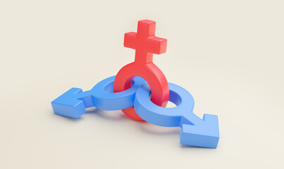 Polyamory. Lots of sexual partners. Gender symbol of a woman and two men. 3d render