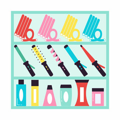 Beauty and skin and hair care cosmetic products, decorative cosmetics, curling iron, curlers, perfumery and toiletries in bottles and tubes on shelve. Colored flat vector illustration isolated