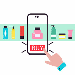Online app on phone screen - cartoon hand pushing Buy now button on beauty bottles and hair care products shelf background. Buyers hand selects and buys beauty cream and tube on cell phone screen. 