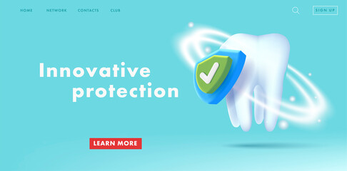 Web banner with 3d illustration of a Healthy tooth and protective shield, anti-caries protection concept
