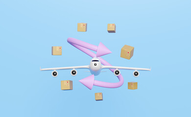 delivery or online order tracking concept, fast package shipping with passenger plane and goods box on isolated on pink  background. 3d illustration, 3d render