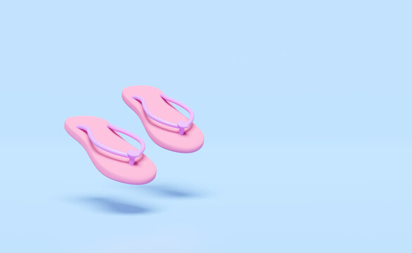 pink beach sandals or home slipper, flip flops isolated on blue background. concept 3d illustration or 3d render