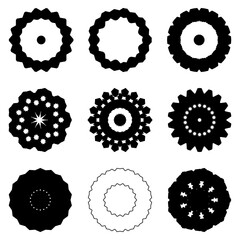 Set of gear wheel icons. Collection of black figures isolated on a white background. Round parts of mechanisms. Vector elements for design.