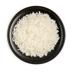 plate of cooked white rice, isolated on white background, closeup view taken from above, mockup template for graphic designing