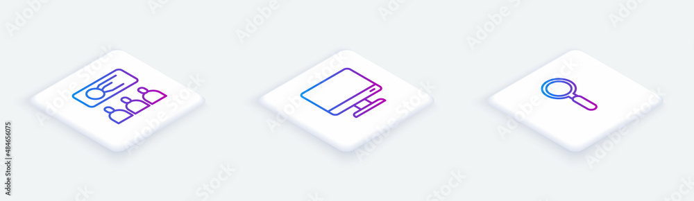 Poster set isometric line training, presentation, computer monitor screen and magnifying glass. white squar