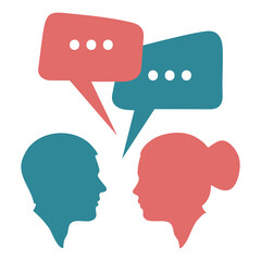 Dialogue between a man and a woman. Silhouettes of people and speech bubbles. Vector illustration