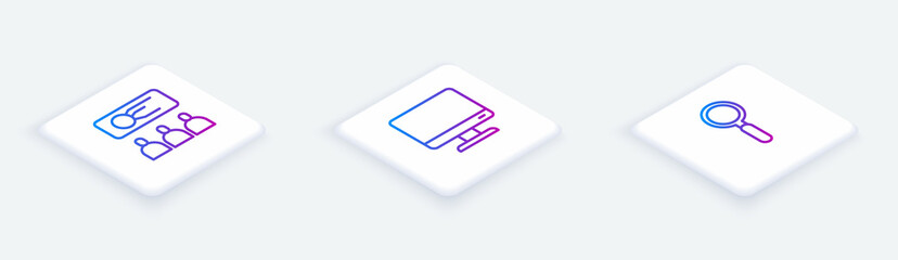 Set Isometric line Training, presentation, Computer monitor screen and Magnifying glass. White square button. Vector