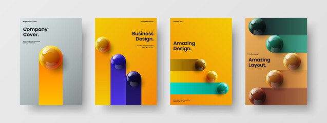 Bright 3D spheres corporate cover concept set. Unique flyer A4 design vector layout composition.