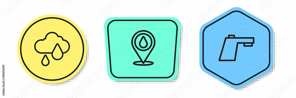 Poster set line cloud with rain, water drop location and tap. colored shapes. vector