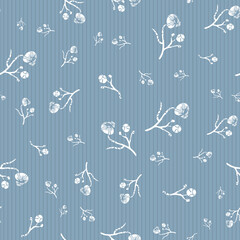 Modern abstract wild meadow flower seamless vector pattern background. Faux lino print Delft blue white backdrop with scattered flowers, stems and leaves. Botanical floral repeat for wellness, garden