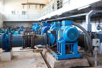 Several water pumps with large electric motors Of water Treatment Plant