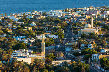 Aerial view of Dahab town and a mosque from the mountain nearby, South Sinai, Egypt