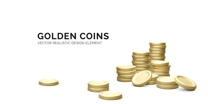 Gold coins. Cartoon realistic metal money stacks. Investment or banking finance concept