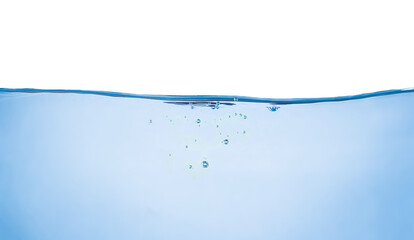 Blue water wave and bubbles isolated on white background. blue water surface with splash, waves and air bubbles to clean drinking water. Can be used for graphic designing, editing, putting on products