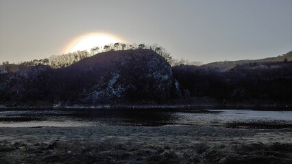 Sunset time, snowy mountains and river