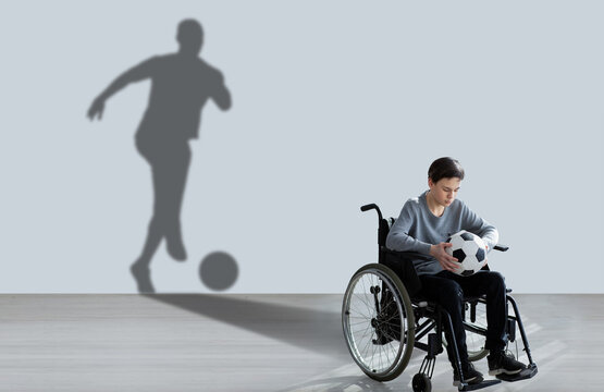 Shape of football player behind handicapped teen guy, conceptual image