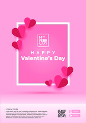 Valentine's Day. Vector illustration. 3d red and pink paper hearts with white square frame. Cute love sale banner or greeting card, postcard, invitation, banner template. 