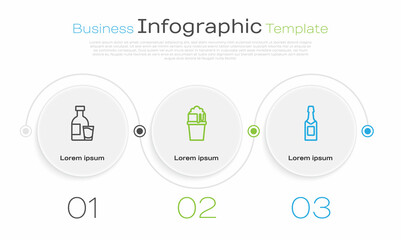 Set line Bottle of vodka with glass, Glass beer and Champagne bottle. Business infographic template. Vector