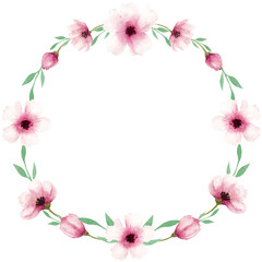 Obraz na płótnie Canvas Delicate wreath with watercolor pink flowers, leaves on a white background. For greeting, women's day, mother's day etc.