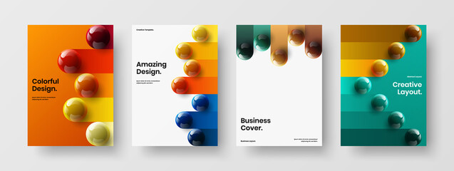 Geometric company cover A4 design vector layout set. Fresh realistic spheres banner concept bundle.