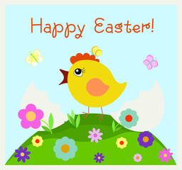 A cute little chick hedged from an egg, a little bird on a green hill with flowers, blue sky and butterflies, Easter greetings, a childish Happy Easter card