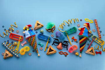 Purim, jewish carnival holiday celebration background. Top view, flat lay