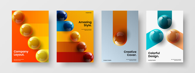 Trendy company brochure A4 design vector layout composition. Colorful realistic spheres postcard illustration bundle.