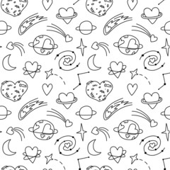 Seamless doodle pattern with cosmic hearts. Background with astronomical contour drawings of stars, love, planets, galaxies. Creative romantic print with minimalistic drawings