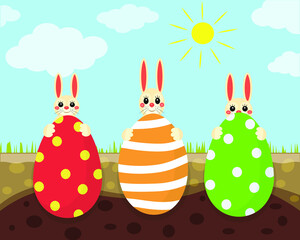 Easter rabbits harvesting eggs, a funny Easter card, bunnies pulling giant Easter eggs out of the ground, a sunny Easter day