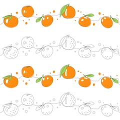 Line art one line tangerine illustration for print design.  Vector sketch illustration. Organic food. Green leaf. Line art.  Flat cartoon vector illustration
